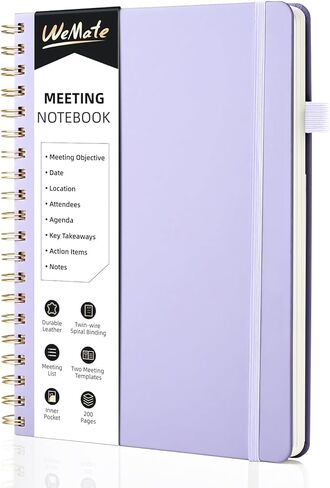 WEMATE Simplified Meeting Notebook for Work with Action Items 200 Pages, Office Supplies for Project Planner, PU Leather Hardcover Meeting Notes Notebook for Work, B5 (10" × 7") - Light Purple in Kuwait