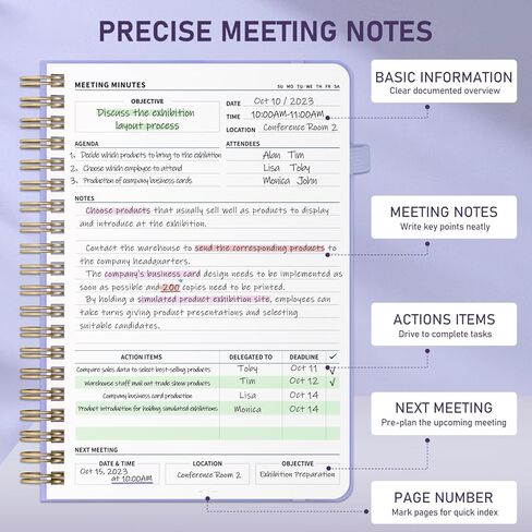 WEMATE Simplified Meeting Notebook for Work with Action Items 200 Pages, Office Supplies for Project Planner, PU Leather Hardcover Meeting Notes Notebook for Work, B5 (10" × 7") - Light Purple in Kuwait