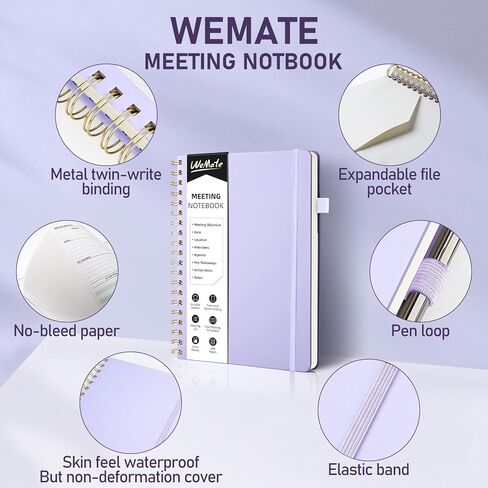 WEMATE Simplified Meeting Notebook for Work with Action Items 200 Pages, Office Supplies for Project Planner, PU Leather Hardcover Meeting Notes Notebook for Work, B5 (10" × 7") - Light Purple in Kuwait