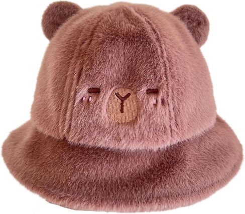 Fluffy Embroidered Cute Animal Sun Hat Warm Bucket Hat Cap for Kids Boys Girls Accessory in Saudi Arabia