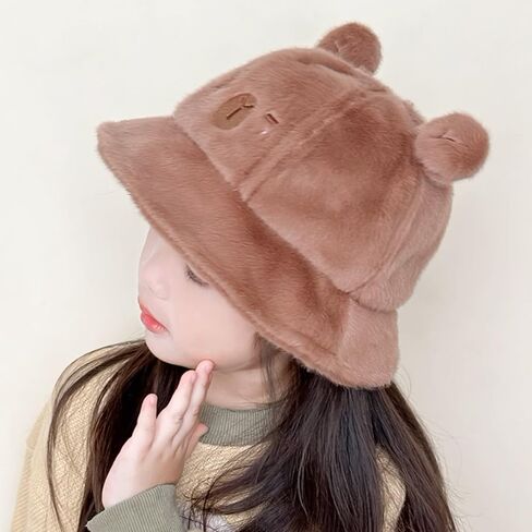 Fluffy Embroidered Cute Animal Sun Hat Warm Bucket Hat Cap for Kids Boys Girls Accessory in Saudi Arabia
