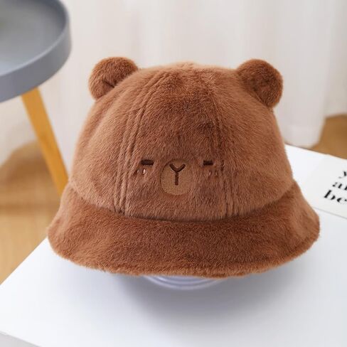 Fluffy Embroidered Cute Animal Sun Hat Warm Bucket Hat Cap for Kids Boys Girls Accessory in Saudi Arabia