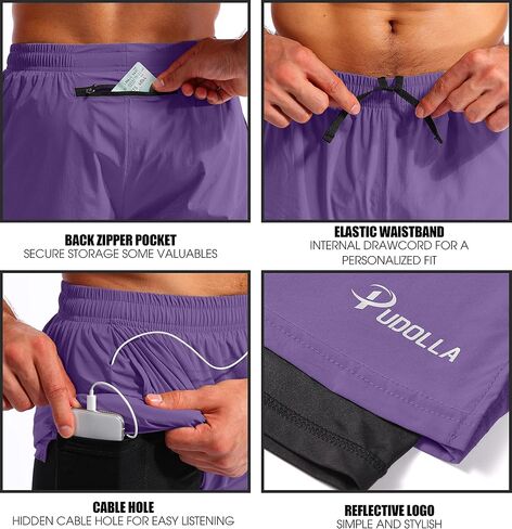 Pudolla Men's 2 in 1 Shorts 5 "/7" Quick Gry Gym Protcts للرجال مع جيوب الهاتف in Saudi Arabia