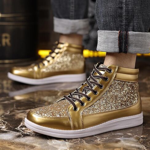 Trsorini Mens Glitter Shoes Sparkly Bling Sequin Lace Boots Sneakers High Top Top Top Nasure Shiny in Kuwait