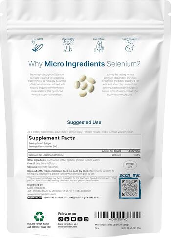ملحق السيلينيوم 200mcg ، 500 ناعمة مع زيت جوز الهند | امتصاص عالية | التتبع الأساسي المعادن مثل l-selenomethionine | مضادات الأكسدة للطاقة والقلب ودعم المناعة | غير المعدلة وراثيا ، خالية من الغلوتين in Saudi Arabia