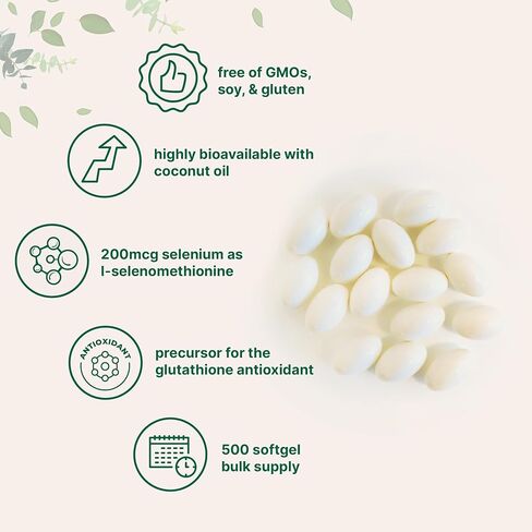 ملحق السيلينيوم 200mcg ، 500 ناعمة مع زيت جوز الهند | امتصاص عالية | التتبع الأساسي المعادن مثل l-selenomethionine | مضادات الأكسدة للطاقة والقلب ودعم المناعة | غير المعدلة وراثيا ، خالية من الغلوتين in Saudi Arabia