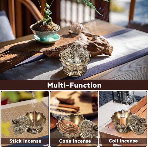 Vintage Backflow Incense Burner Bowl, Lotus Incense Holder Charcoal Censer Ash Catcher Stick Cone Reel Incense for Powder Cone or Coil Incense(Bronze) in Saudi Arabia