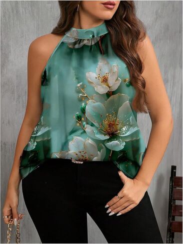 Women's Tropical Paisley Print Halter Blouse Sleeveless Boho Shirt Tops Button Back Vacation Tops in Kuwait