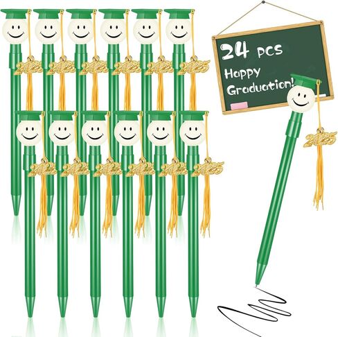 24 قطعة من أقلام التخرج، قلم حبر جاف مع شرابات، أقلام تخرج مستديرة الشكل مع شرابة معدنية 2024، هدايا حفلات التخرج، قلم كرة دوارة أسود 0.7 مم (أسود) in Kuwait