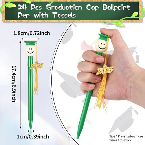 24 قطعة من أقلام التخرج، قلم حبر جاف مع شرابات، أقلام تخرج مستديرة الشكل مع شرابة معدنية 2024، هدايا حفلات التخرج، قلم كرة دوارة أسود 0.7 مم (أسود) in Kuwait
