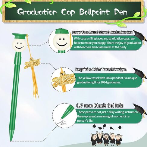 24 قطعة من أقلام التخرج، قلم حبر جاف مع شرابات، أقلام تخرج مستديرة الشكل مع شرابة معدنية 2024، هدايا حفلات التخرج، قلم كرة دوارة أسود 0.7 مم (أسود) in Kuwait