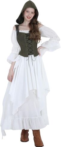 LTAKK Renaissance Costume Corset Women Medieval Hooded Vest Ren Faire Gothic Steampunk Tops in Kuwait