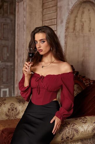 Vintage Corset Tops for Women Renaissance Blouse Off Shoulder Long Sleeve Top in Saudi Arabia