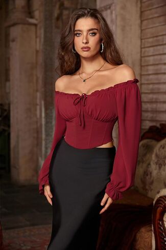 Vintage Corset Tops for Women Renaissance Blouse Off Shoulder Long Sleeve Top in Saudi Arabia