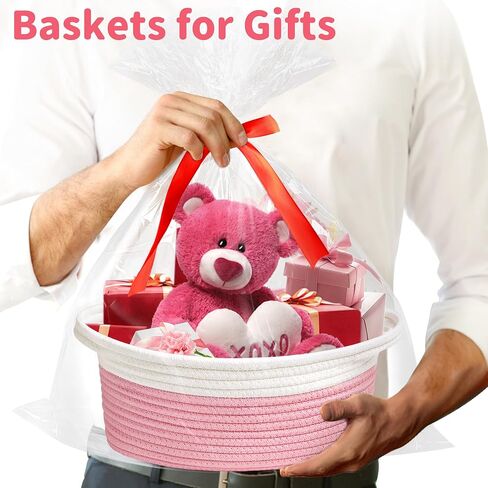 Yeeeasy Small Woven Basket with Gift Bags and Ribbons Cute Baskets for Gifts Empty Small Rope Toy Basket for Babies White Basket for Storage in Saudi Arabia