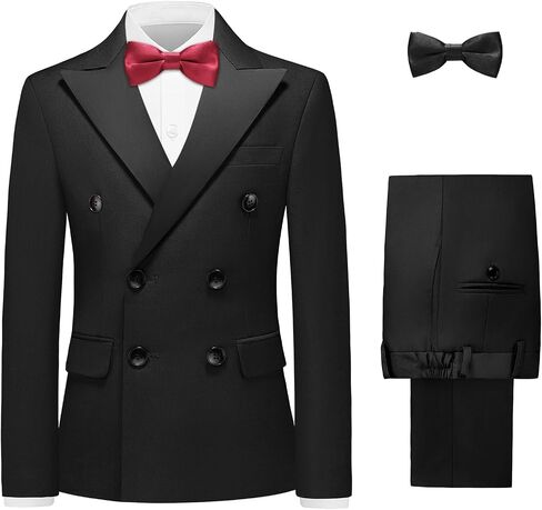 Boys Suits Slim Fit 5 Pieces Double Breasted Kids Tuxedo Formal Outfits with Jacket Shirt Pant Bowtie Set for Wedding in Kuwait