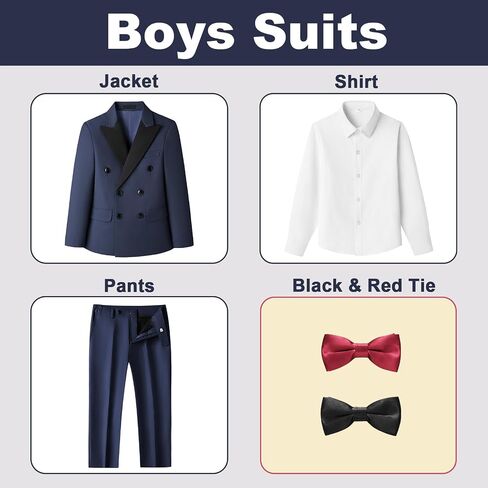Boys Suits Slim Fit 5 Pieces Double Breasted Kids Tuxedo Formal Outfits with Jacket Shirt Pant Bowtie Set for Wedding in Kuwait