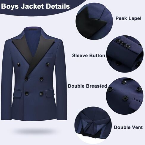 Boys Suits Slim Fit 5 Pieces Double Breasted Kids Tuxedo Formal Outfits with Jacket Shirt Pant Bowtie Set for Wedding in Kuwait