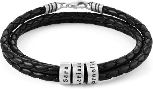 Personalized Braided Leather Bracelet with Silver or Gold Beads for Him, Men - Custom Gift for Father's Day - Genuine Leather - Engraved Sterling Silver or 14K Solid Gold Beads - By MYKA in Kuwait