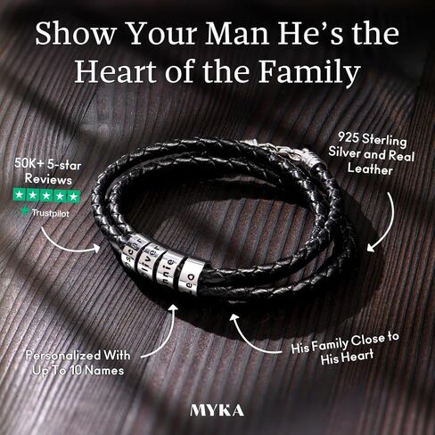 Personalized Braided Leather Bracelet with Silver or Gold Beads for Him, Men - Custom Gift for Father's Day - Genuine Leather - Engraved Sterling Silver or 14K Solid Gold Beads - By MYKA in Kuwait