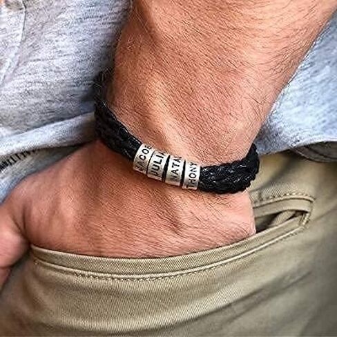 Personalized Braided Leather Bracelet with Silver or Gold Beads for Him, Men - Custom Gift for Father's Day - Genuine Leather - Engraved Sterling Silver or 14K Solid Gold Beads - By MYKA in Kuwait
