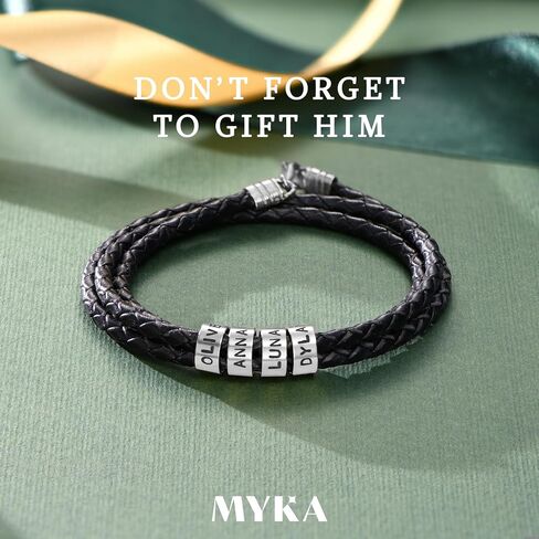 Personalized Braided Leather Bracelet with Silver or Gold Beads for Him, Men - Custom Gift for Father's Day - Genuine Leather - Engraved Sterling Silver or 14K Solid Gold Beads - By MYKA in Kuwait