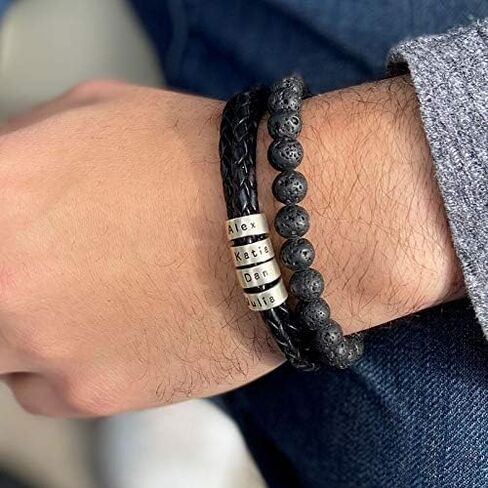 Personalized Braided Leather Bracelet with Silver or Gold Beads for Him, Men - Custom Gift for Father's Day - Genuine Leather - Engraved Sterling Silver or 14K Solid Gold Beads - By MYKA in Kuwait