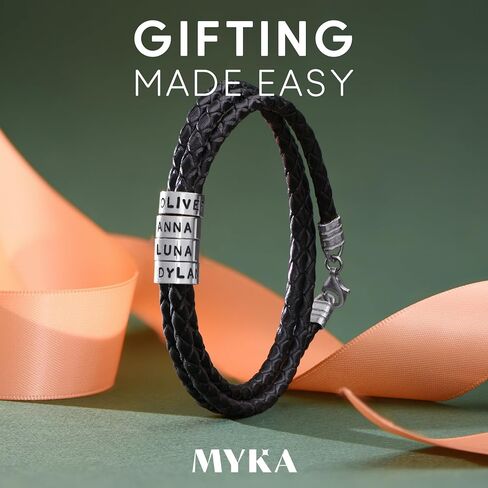 Personalized Braided Leather Bracelet with Silver or Gold Beads for Him, Men - Custom Gift for Father's Day - Genuine Leather - Engraved Sterling Silver or 14K Solid Gold Beads - By MYKA in Kuwait