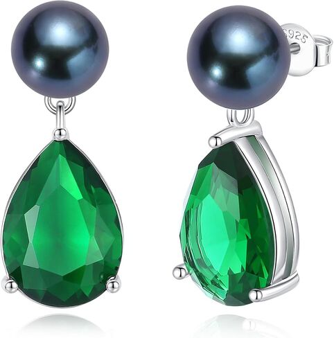 YAMI Pearl Earrings for Women, 925 Sterling Silver Birthstone Teardrop Stud Dangle Earrings, Created Emerald Drop Earrings, 8-8.5MM Freshwater Cultured Pearl Jewelry Birthday Mother’s Day Gifts in Saudi Arabia