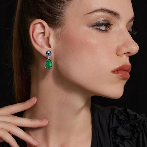 YAMI Pearl Earrings for Women, 925 Sterling Silver Birthstone Teardrop Stud Dangle Earrings, Created Emerald Drop Earrings, 8-8.5MM Freshwater Cultured Pearl Jewelry Birthday Mother’s Day Gifts in Saudi Arabia