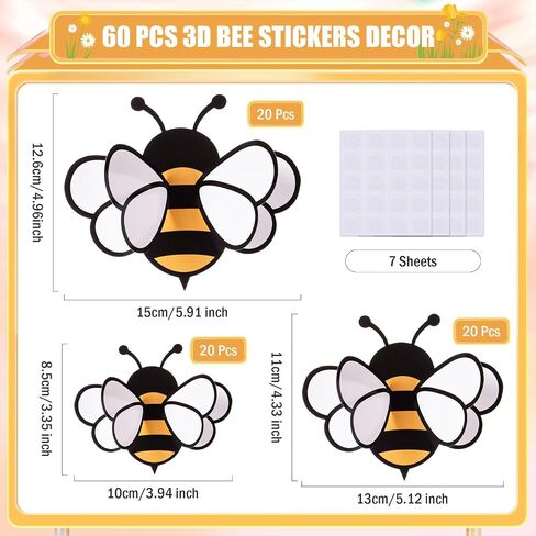 FOBSME 60 PCS 3D BEE ملصقات 3 أحجام الحلي الصغيرة للعسل نحلة الحفلات جدار صائق ديكورات أصفر العسل النحل متمثلات للمنزل في مكتب ثلاجة in Saudi Arabia