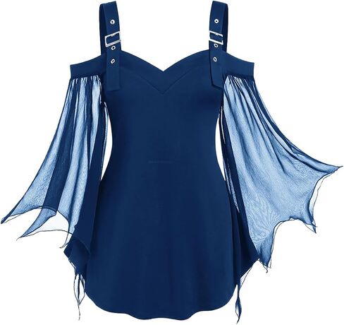 Rosegal Women Plus Size Gothic Top Buckle Straps Cold Shoulder Mesh Bell Sleeve Witch Halloween Costume Gothic Tee in Saudi Arabia
