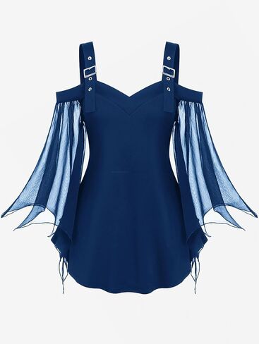 Rosegal Women Plus Size Gothic Top Buckle Straps Cold Shoulder Mesh Bell Sleeve Witch Halloween Costume Gothic Tee in Saudi Arabia