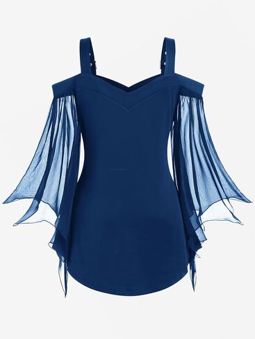 Rosegal Women Plus Size Gothic Top Buckle Straps Cold Shoulder Mesh Bell Sleeve Witch Halloween Costume Gothic Tee in Saudi Arabia