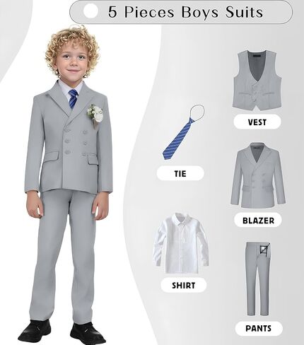 Boys Suit Kids Tuxedo Double Breasted Suits for Boy Dress Pants Set Slim Fit Formal Wedding Ring Bearer Outfit with Tie in Kuwait