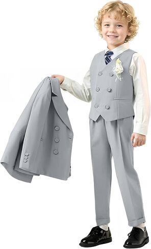 Boys Suit Kids Tuxedo Double Breasted Suits for Boy Dress Pants Set Slim Fit Formal Wedding Ring Bearer Outfit with Tie in Kuwait