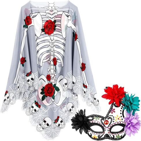 Coume 2 Pieces Skeleton Halloween Costume Chiffon Cape Poncho for Women Day of the Dead Poncho Skull Mask Fancy for Halloween in Saudi Arabia