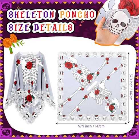 Coume 2 Pieces Skeleton Halloween Costume Chiffon Cape Poncho for Women Day of the Dead Poncho Skull Mask Fancy for Halloween in Saudi Arabia