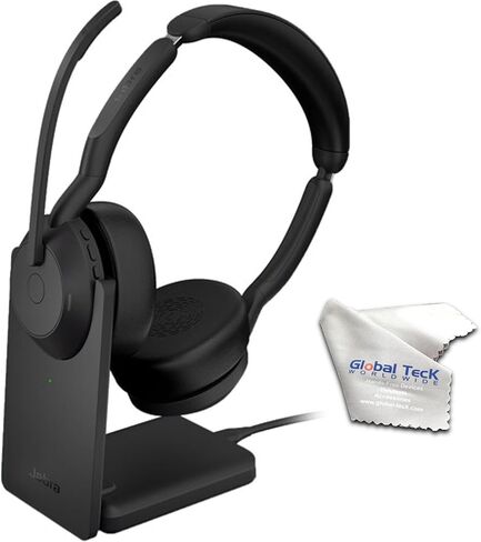 Jabra Evolve2 65 Flex UC Stereo Bluetooth Noise Cancelling Headphones, Link380a, Wireless Charger Compatible with Mac PC,Smartphones, Tablets - with Microfiber Cloth, Global Teck Gold Support Plan in Saudi Arabia