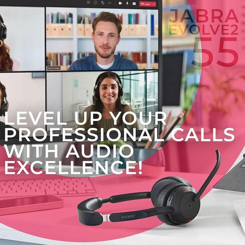 Jabra Evolve2 65 Flex UC Stereo Bluetooth Noise Cancelling Headphones, Link380a, Wireless Charger Compatible with Mac PC,Smartphones, Tablets - with Microfiber Cloth, Global Teck Gold Support Plan in Saudi Arabia