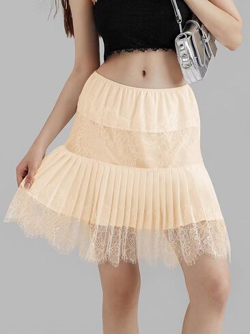JURIS Women Lace Slip Skirt Low Rise Y2k Layered Pleated Ruffle Flowy Skirt Mesh Mini Underskirt in Saudi Arabia