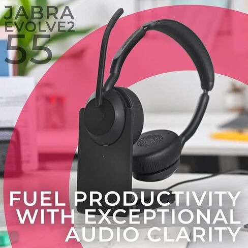 Jabra Evolve2 65 Flex UC Stereo Bluetooth Noise Cancelling Headphones, Link380a, Wireless Charger Compatible with Mac PC,Smartphones, Tablets - with Microfiber Cloth, Global Teck Gold Support Plan in Saudi Arabia