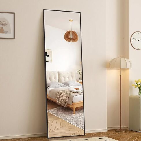WIIS' IDEA Full Length Mirror with Stand,59"x16" Floor Mirror with Aluminum Alloy Thin Frame,Full Body Mirror for Livingroom Home Decor,Free Standing or Wall-Mounted,for Bedroom, Black in Saudi Arabia