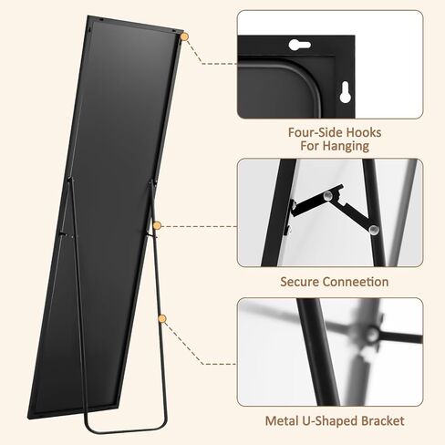 WIIS' IDEA Full Length Mirror with Stand,59"x16" Floor Mirror with Aluminum Alloy Thin Frame,Full Body Mirror for Livingroom Home Decor,Free Standing or Wall-Mounted,for Bedroom, Black in Saudi Arabia