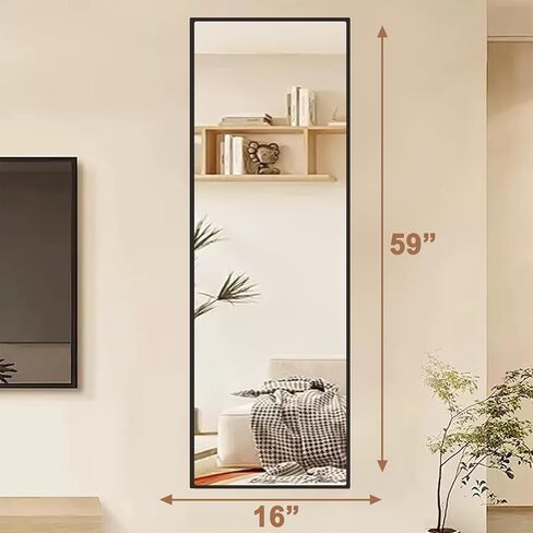 WIIS' IDEA Full Length Mirror with Stand,59"x16" Floor Mirror with Aluminum Alloy Thin Frame,Full Body Mirror for Livingroom Home Decor,Free Standing or Wall-Mounted,for Bedroom, Black in Saudi Arabia