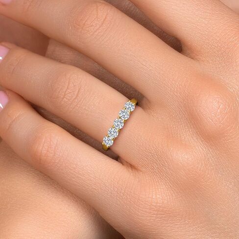 GEM Stone King 18k صفراء الذهب مطلي بالفضة 4 ملم جولة الأحجار الكريمة الحجر المولد الخاتم 5-Stone Band Band | خمسة مشاركة حجرية الوعد خاتم الوعد للنساء | متوفر في الحجم 5 ، 6 ، 7 ، 8 ، 9 in Kuwait