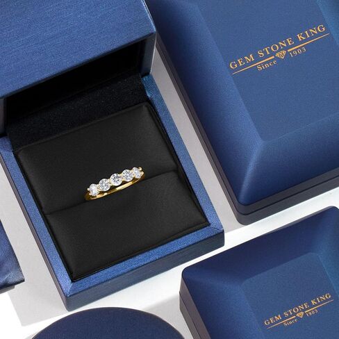 GEM Stone King 18k صفراء الذهب مطلي بالفضة 4 ملم جولة الأحجار الكريمة الحجر المولد الخاتم 5-Stone Band Band | خمسة مشاركة حجرية الوعد خاتم الوعد للنساء | متوفر في الحجم 5 ، 6 ، 7 ، 8 ، 9 in Kuwait