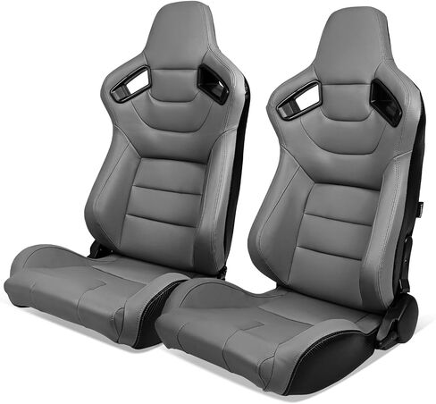 IKON MOTORSPORTS, Universal Racing Seats with 14" Dual Sliders, Grey PU W/Grey Stitching & Carbon Leather Back Reclinable Sport Bucket Seats for Cars, 1 Pair Driver Passenger Side 2PC in Kuwait