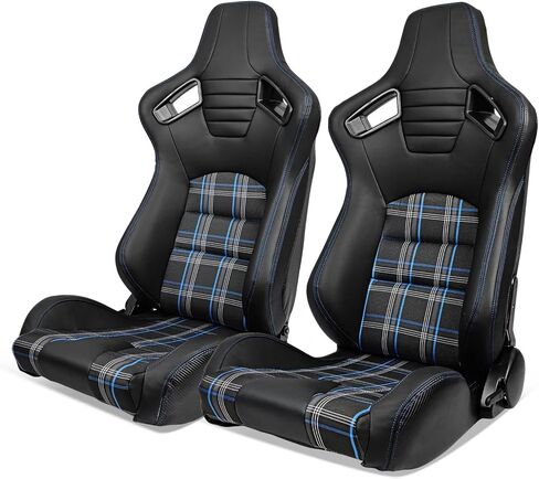 IKON MOTORSPORTS, Universal Racing Seats with 14" Dual Sliders, Grey PU W/Grey Stitching & Carbon Leather Back Reclinable Sport Bucket Seats for Cars, 1 Pair Driver Passenger Side 2PC in Kuwait