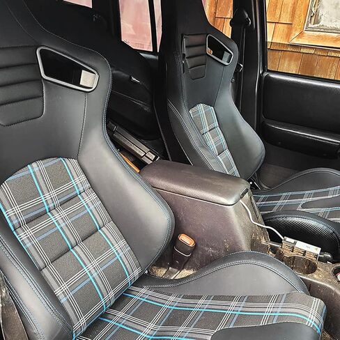 IKON MOTORSPORTS, Universal Racing Seats with 14" Dual Sliders, Grey PU W/Grey Stitching & Carbon Leather Back Reclinable Sport Bucket Seats for Cars, 1 Pair Driver Passenger Side 2PC in Kuwait